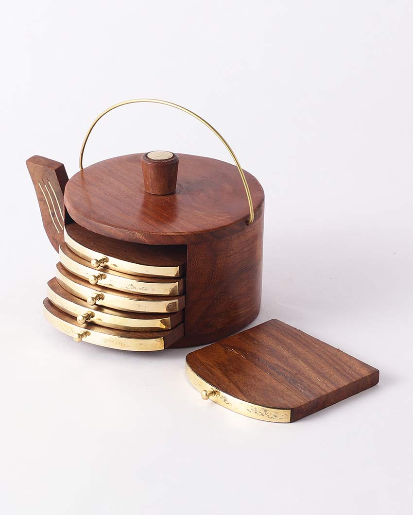 Elegant Design Brown Shade Kettle Coasters with Stand | Set of 6 | 4 x 3 inches