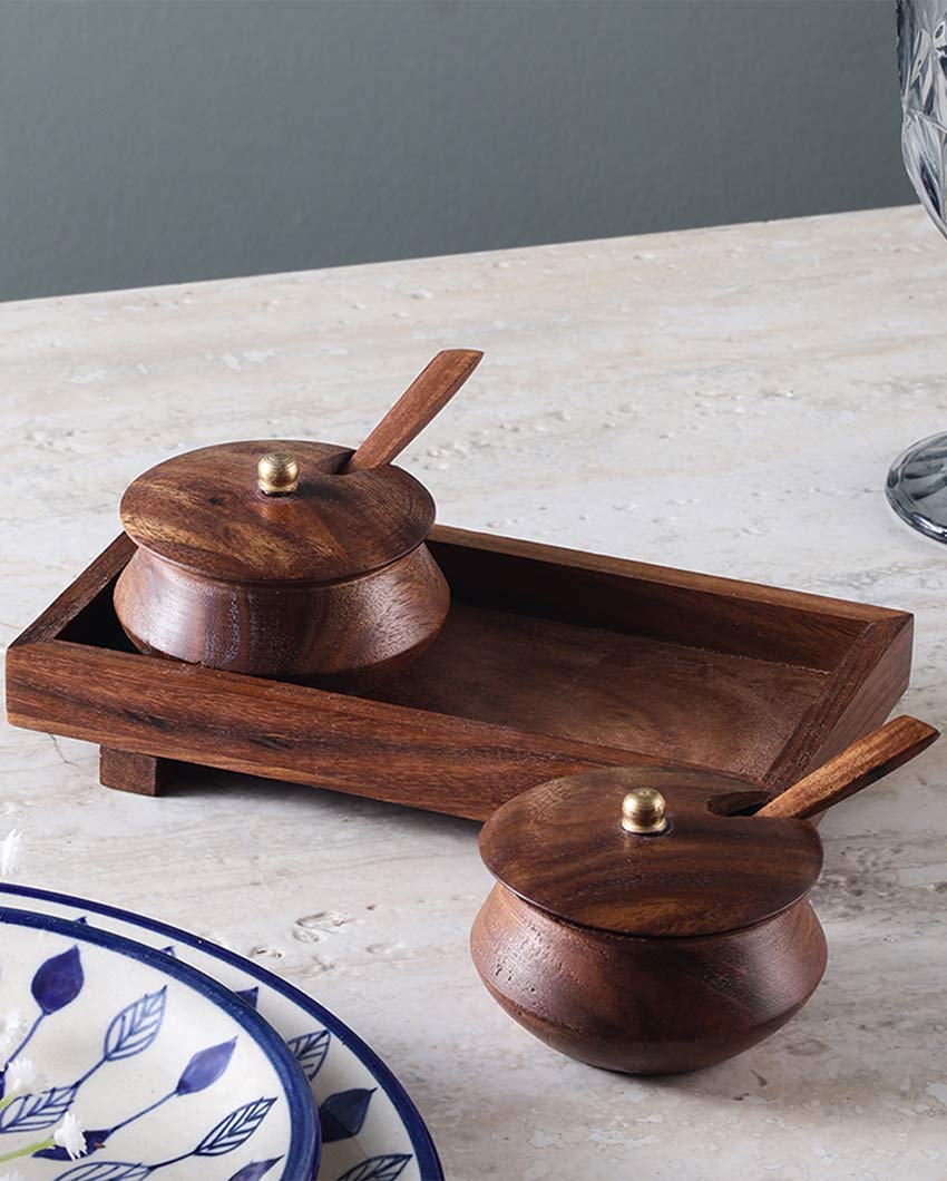 Elegant Mango Wood Serving Bowl Set with Tray & Spoons