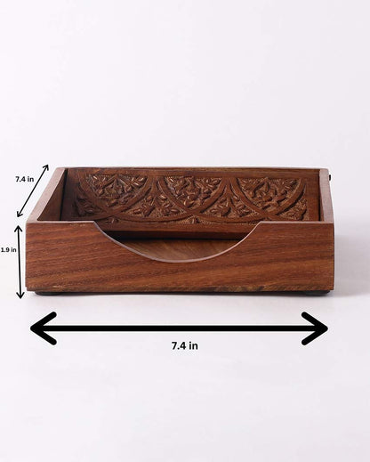 Premium Wooden Carved Brown Tissue Holder | 7 x 7 x 2 inches