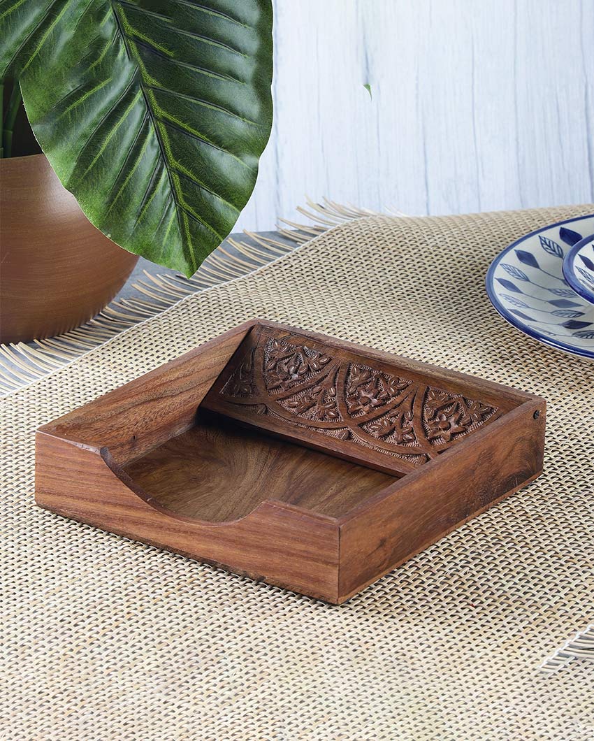 Premium Wooden Carved Brown Tissue Holder | 7 x 7 x 2 inches