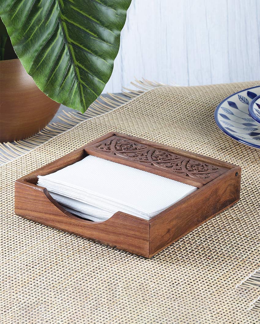 Premium Wooden Carved Brown Tissue Holder | 7 x 7 x 2 inches