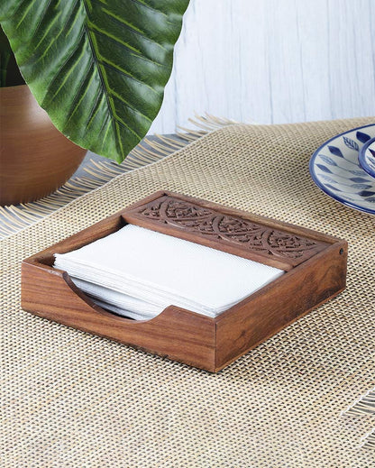 Premium Wooden Carved Brown Tissue Holder | 7 x 7 x 2 inches