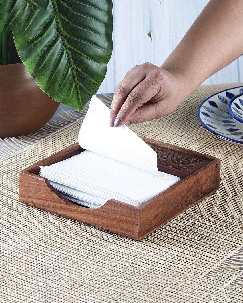 Premium Wooden Carved Brown Tissue Holder | 7 x 7 x 2 inches