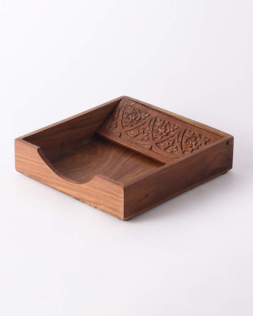 Premium Wooden Carved Brown Tissue Holder | 7 x 7 x 2 inches