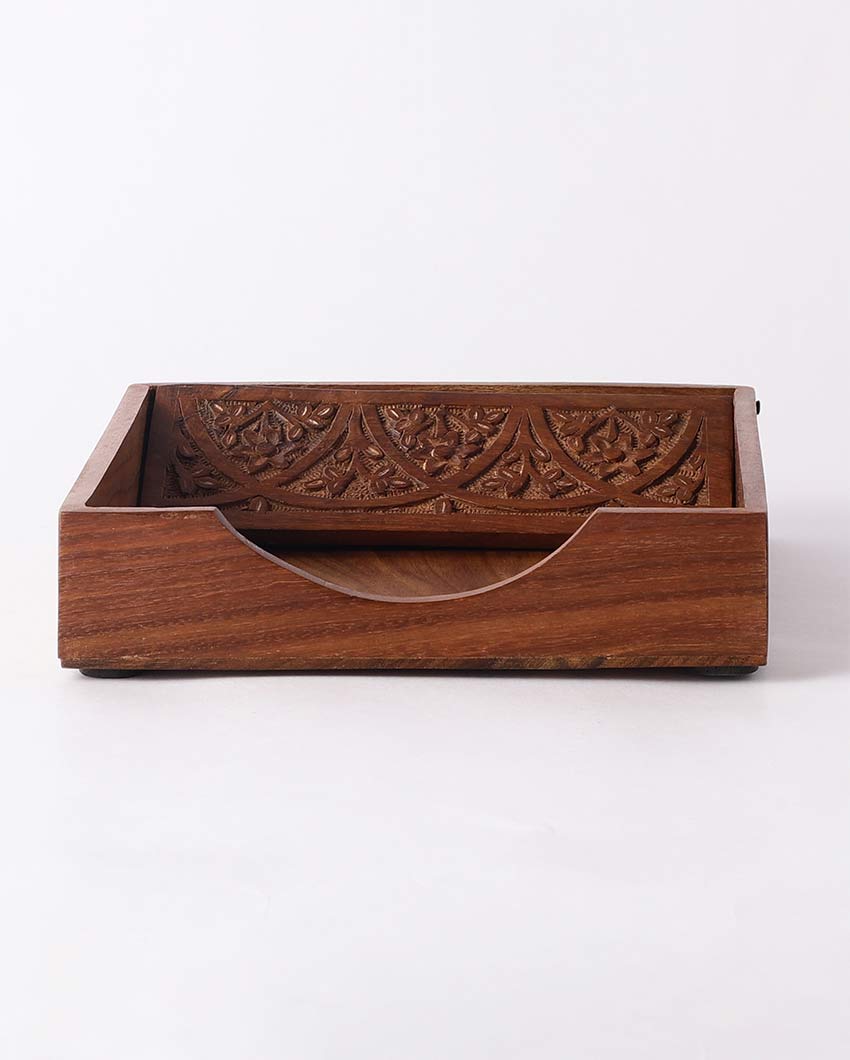 Premium Wooden Carved Brown Tissue Holder | 7 x 7 x 2 inches