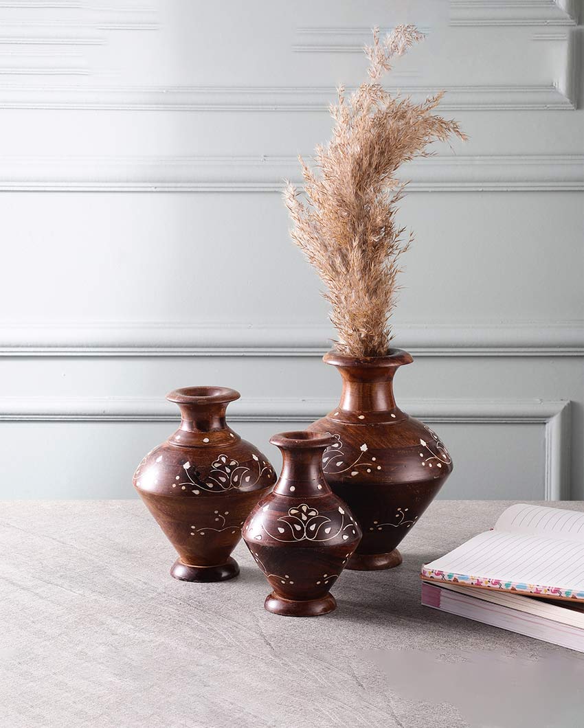 Elegant Polished Walnut Finish Wooden Vases Without Flower | Pack of 3