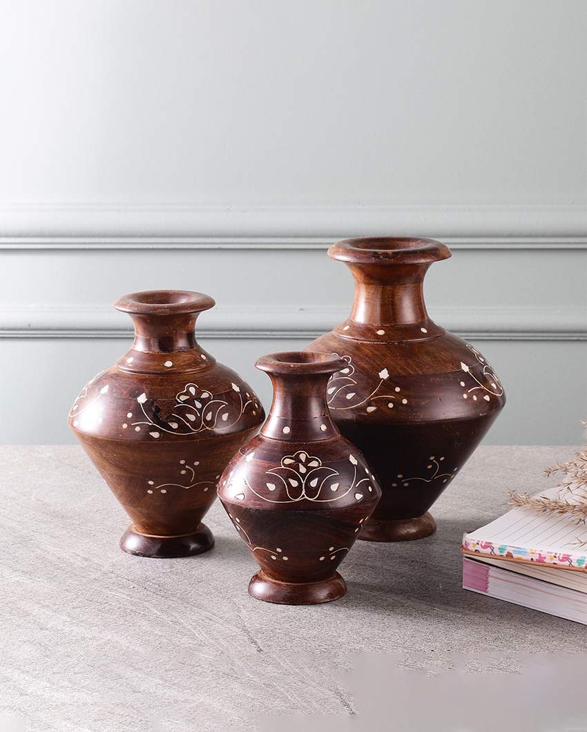 Elegant Polished Walnut Finish Wooden Vases Without Flower | Pack of 3