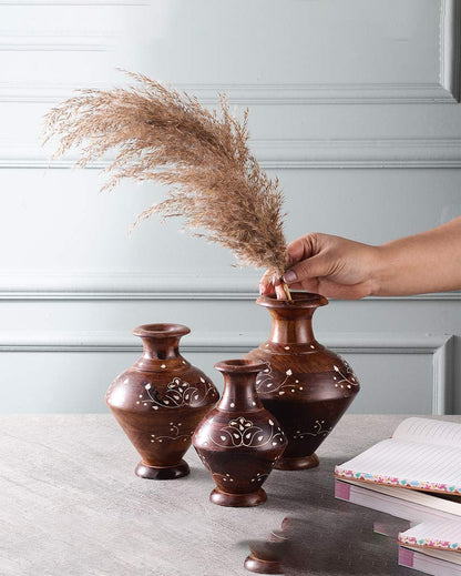 Elegant Polished Walnut Finish Wooden Vases Without Flower | Pack of 3