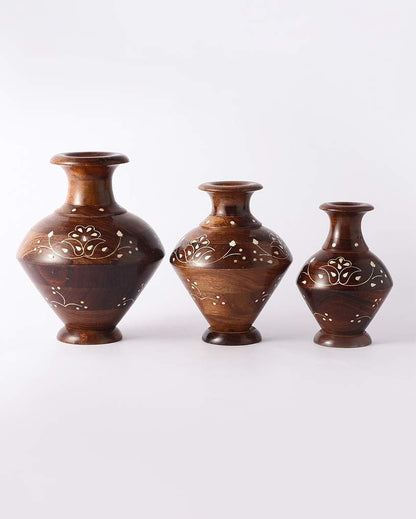 Elegant Polished Walnut Finish Wooden Vases Without Flower | Pack of 3