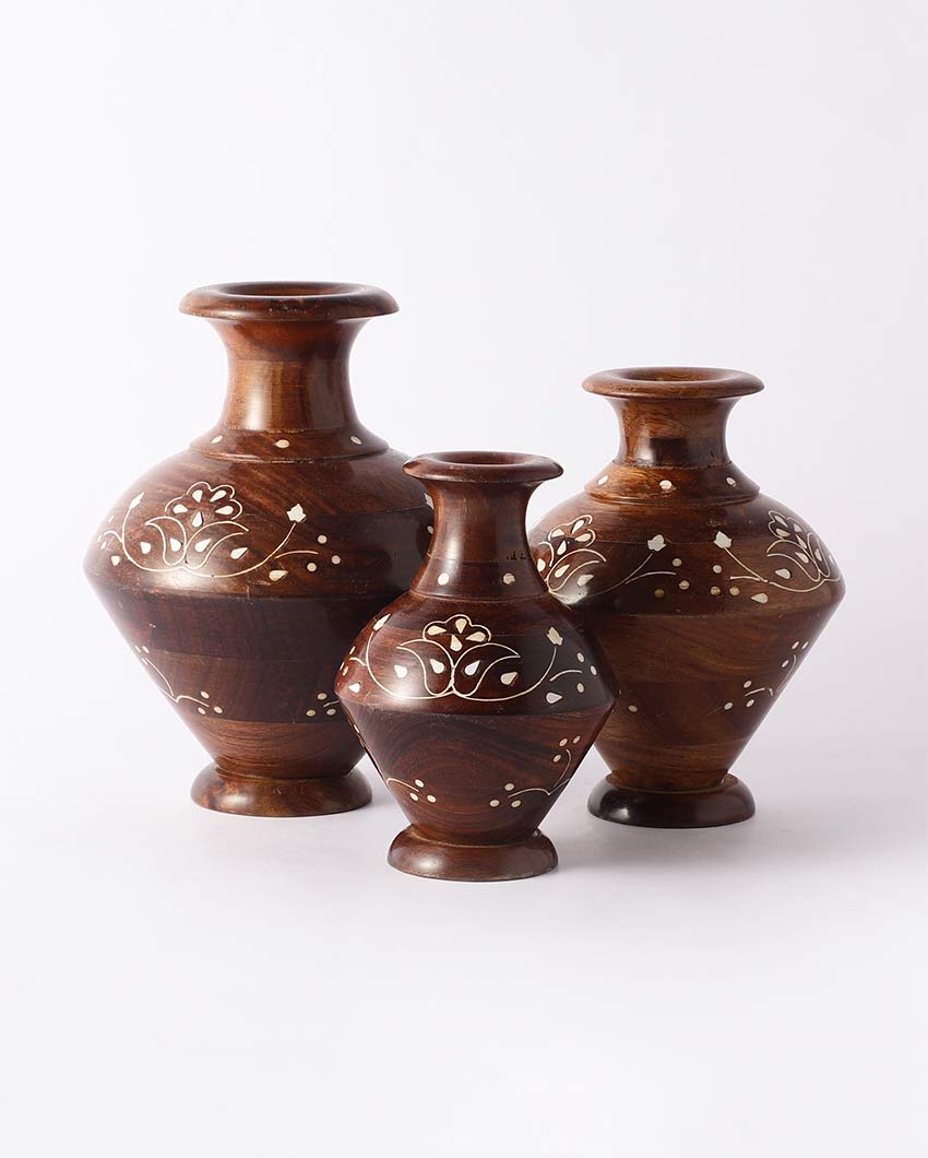 Elegant Polished Walnut Finish Wooden Vases Without Flower | Pack of 3