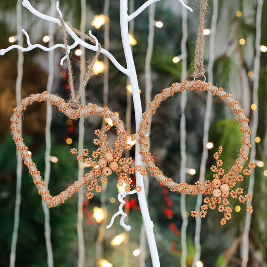 Jute Beaded Wreath and Heart Hanging Ornaments | Set of 2