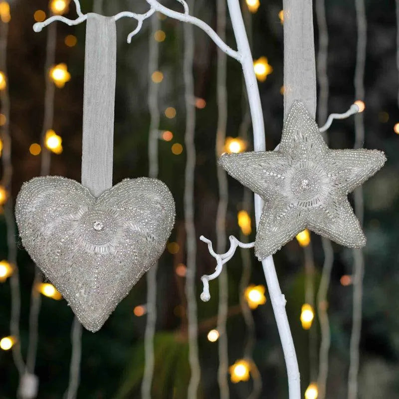 Silver Star and Heart Christmas Ornament Hanging | Set of 2