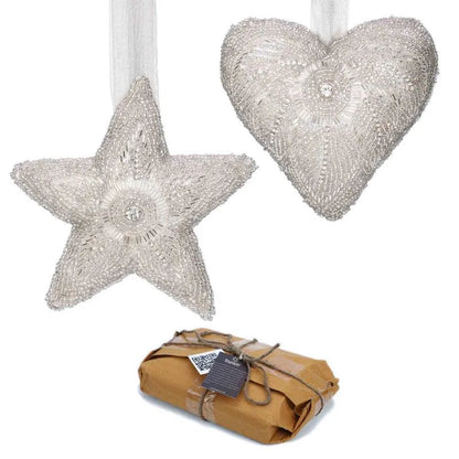 Silver Star and Heart Christmas Ornament Hanging | Set of 2