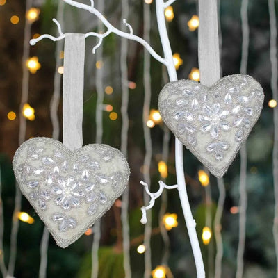 Silver Heart Christmas Ornament Hanging | Set of 2