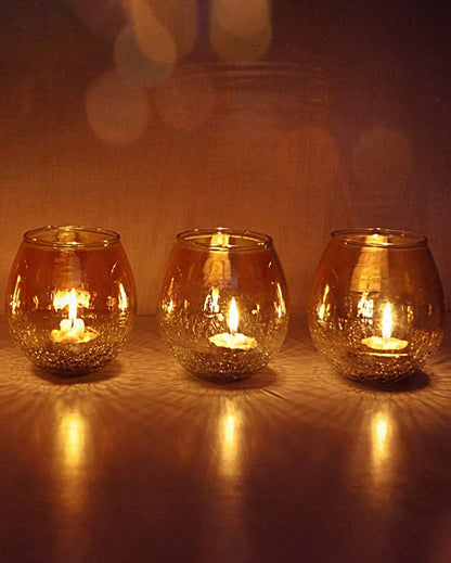 Premium Glass Gold-Plated Tealight Holder | Set of 3 | 3 x 5 inches