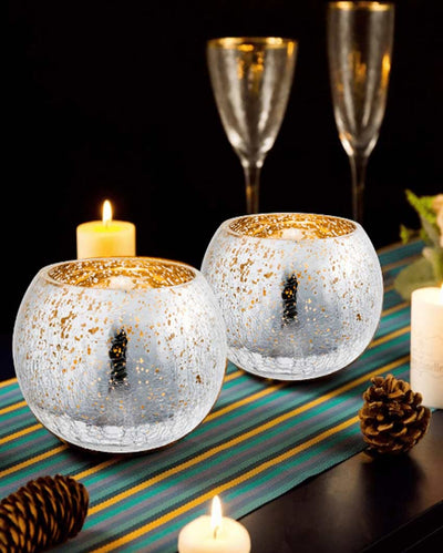 Elegant Plated Ice Cracked Glass Bowl Creating Ambient Lighting Votive Tealight Holder | Set of 2 | 3 x 4 inches