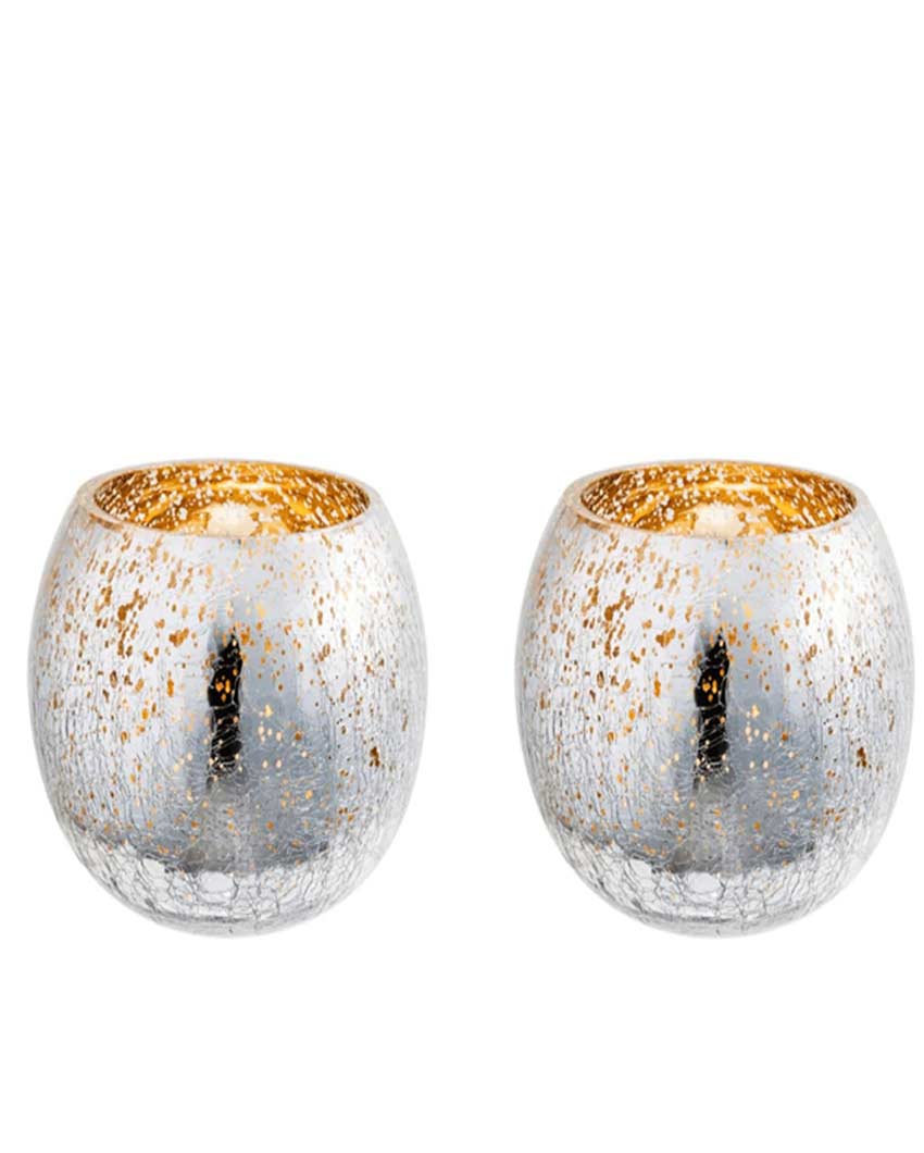 Elegant Plated Ice Cracked Glass Bowl Creating Ambient Lighting Votive Tealight Holder | Set of 2 | 3 x 4 inches