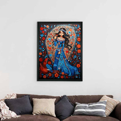 Women in Blue Peacock Aura Canvas Wall Painting