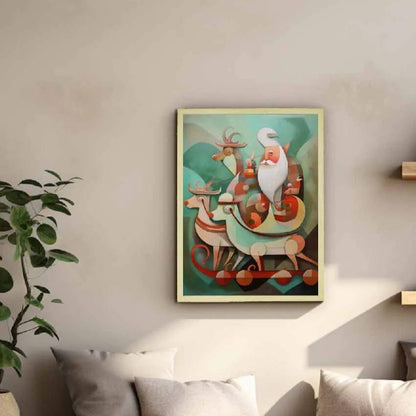 Santa with Reindeer Canvas Wall Painting