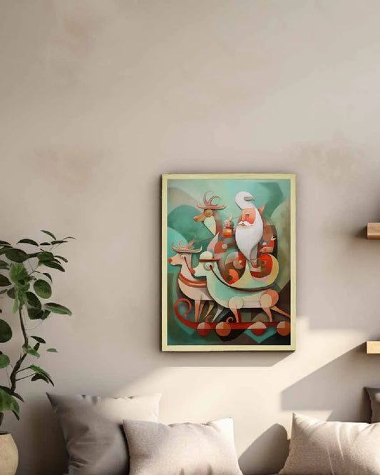 Santa with Reindeer Canvas Wall Painting