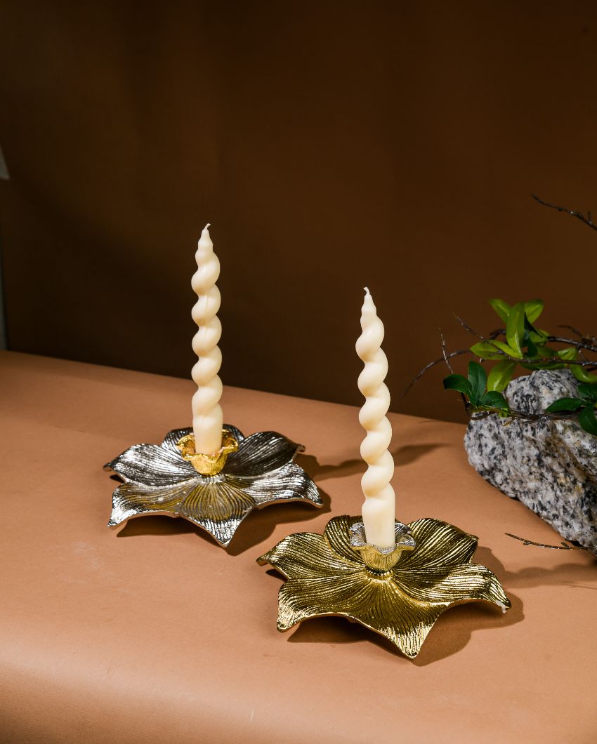 Elysian Golden & Silver Lotus Metal Candle Stands | Set Of 2