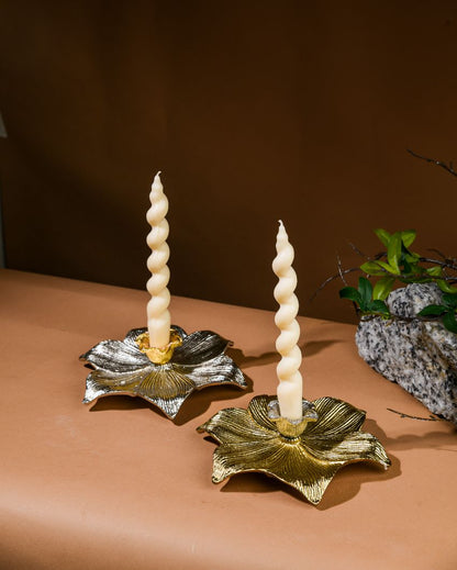 Elysian Golden & Silver Lotus Metal Candle Stands | Set Of 2