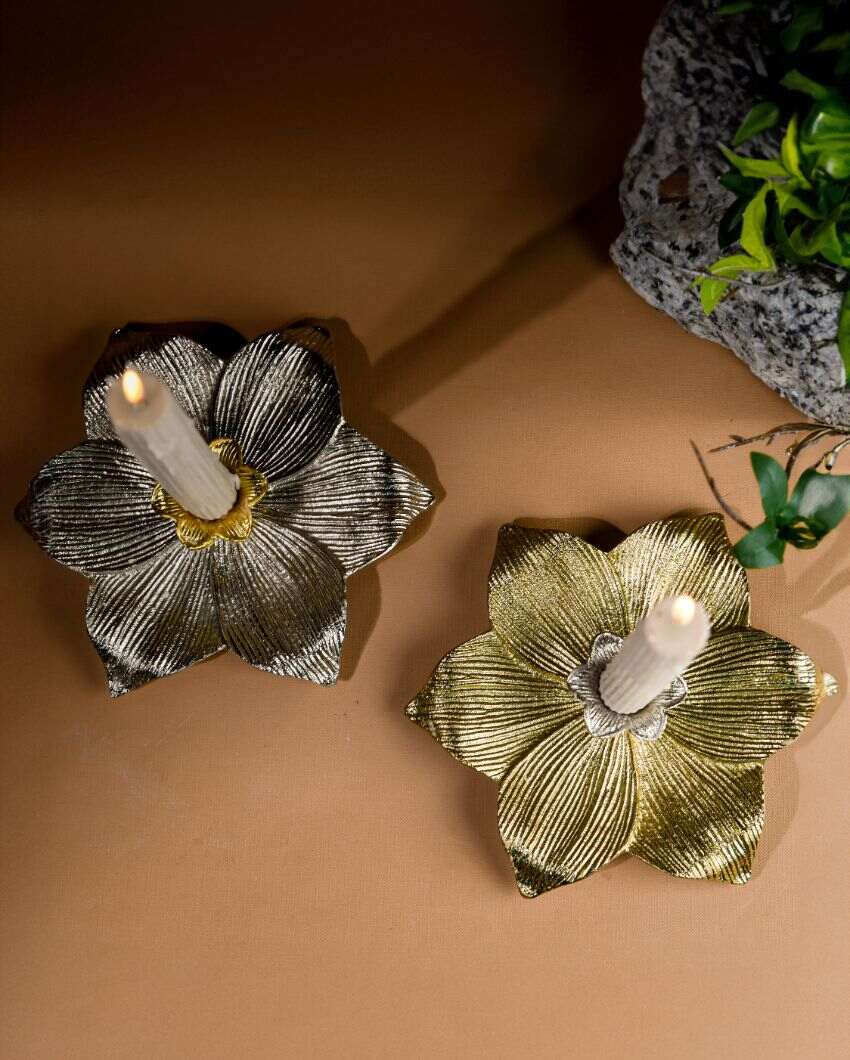 Elysian Golden & Silver Lotus Metal Candle Stands | Set Of 2