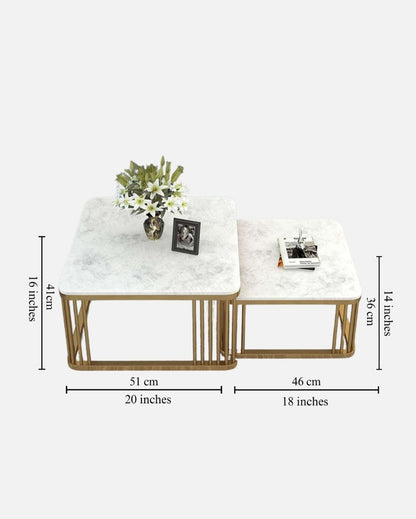 White & Gold Square Marble Center Table | Pack of 2