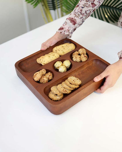 Elegant Wooden Serving Platter With Three Bowls Section | 12 x 2 inches