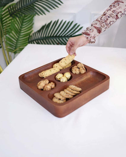 Elegant Wooden Serving Platter With Three Bowls Section | 12 x 2 inches