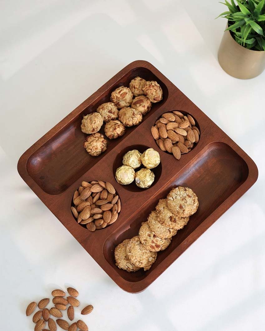 Elegant Wooden Serving Platter With Three Bowls Section | 12 x 2 inches