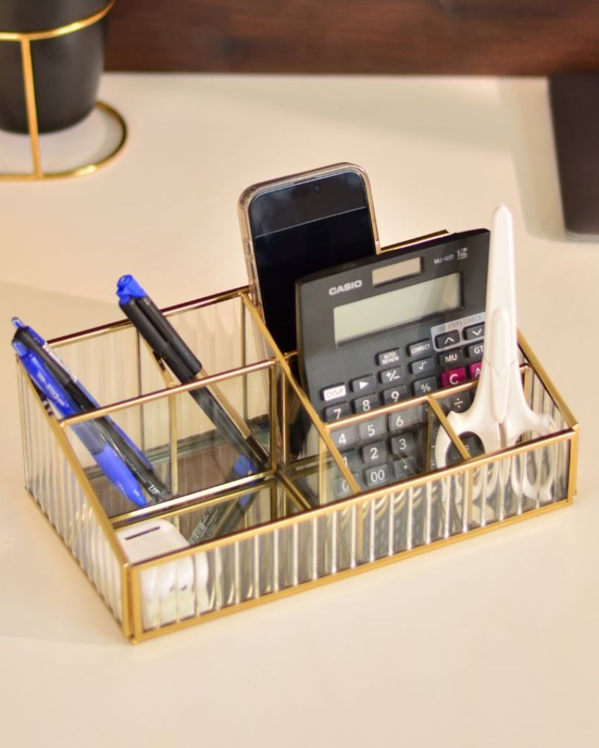 Elegant Fluted Glass Desk Make-Up & Toiletry Organiser