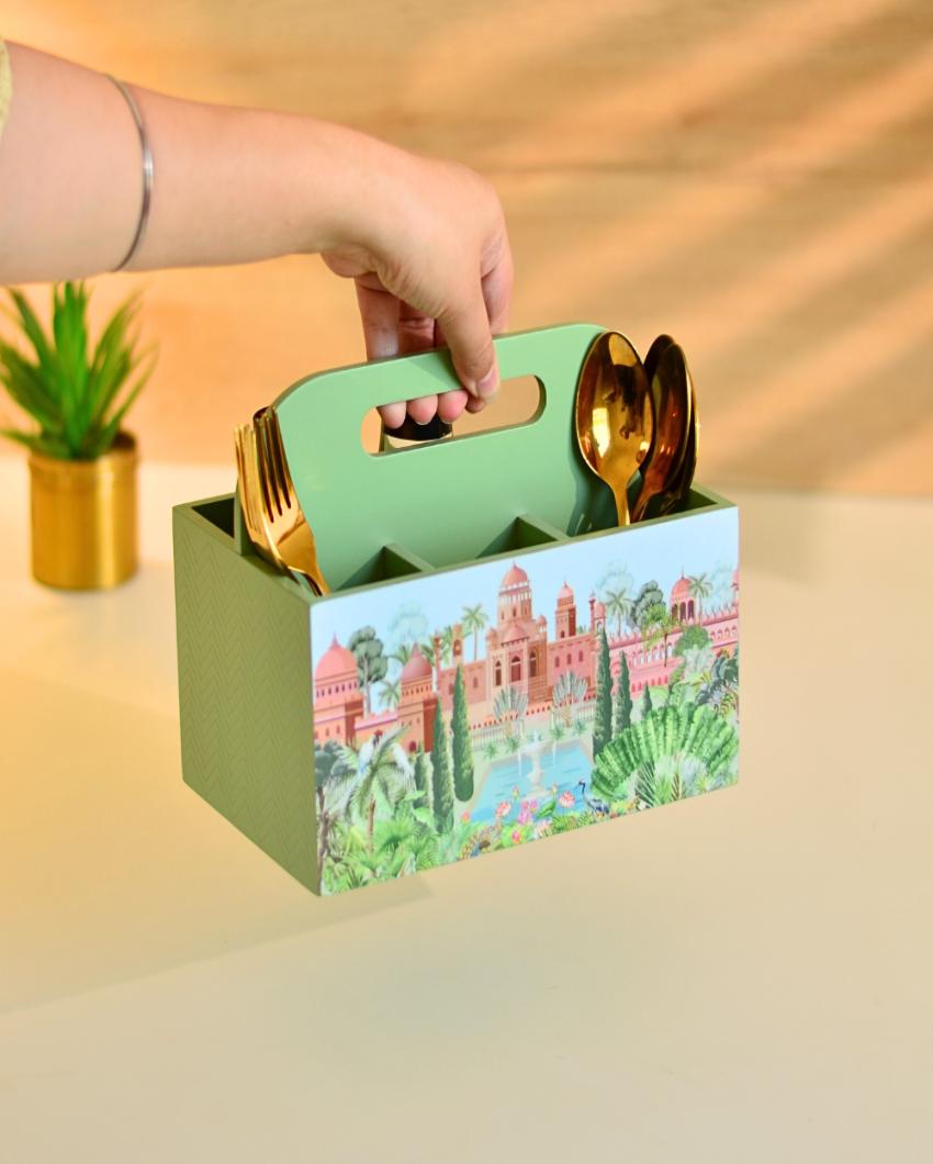 Green Wooden Cutlery Holder | 9 x 6 x 7 inches