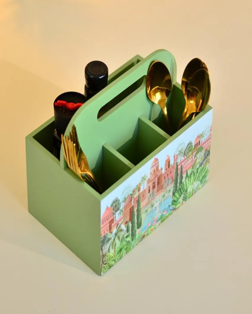 Green Wooden Cutlery Holder | 9 x 6 x 7 inches