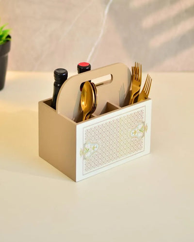 Beige Wooden Cutlery Holder | 9 x 6 x 7 inches