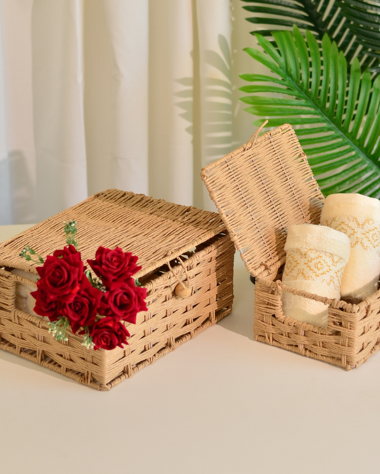Raffia Storage Basket With Lid | Set Of 2