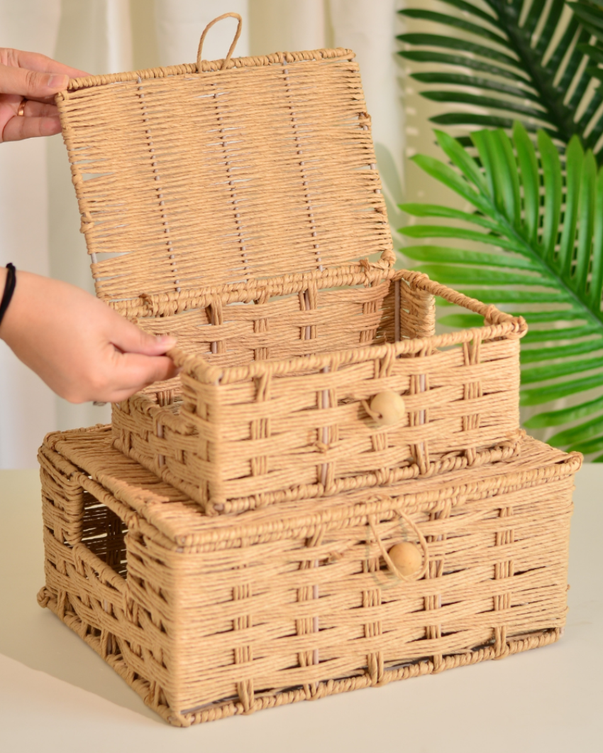 Raffia Storage Basket With Lid | Set Of 2