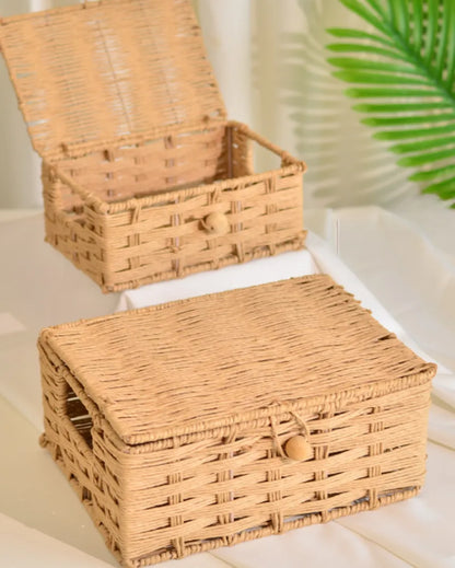 Raffia Storage Basket With Lid | Set Of 2