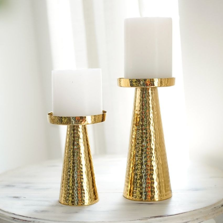 Beautiful Golden Shade Hammered Pillar Candle Holder | Set of 2 | 3 x 7 inches