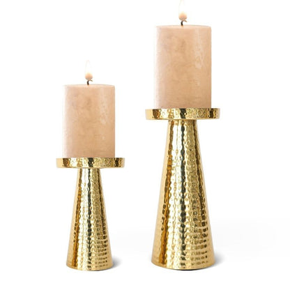 Beautiful Golden Shade Hammered Pillar Candle Holder | Set of 2 | 3 x 7 inches