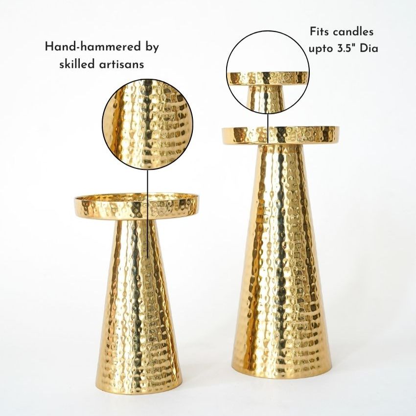 Beautiful Golden Shade Hammered Pillar Candle Holder | Set of 2 | 3 x 7 inches