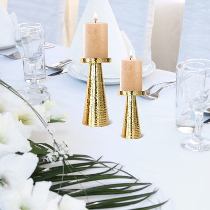 Beautiful Golden Shade Hammered Pillar Candle Holder | Set of 2 | 3 x 7 inches