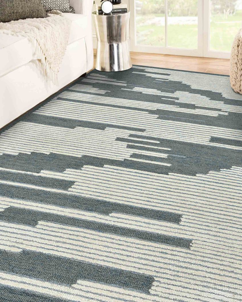 Wool Farmhouse Pattern Hand-Tufted Rug Carpet Loop Pile | 8 x 10 Feet