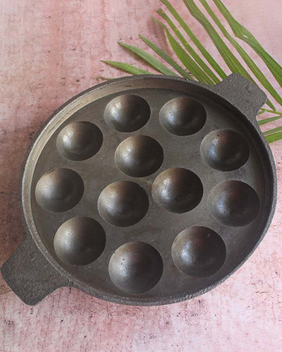 Classic & Versatile with 12 Deep Cooking Dips Cast Iron Black Paniyaram Pan | 11 x 9 x 2 inches