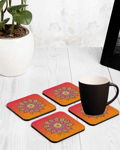 Handcrafted Wooden Orange Mandala Coasters With Gift Box | Set of 4 | 4 x 4 inches