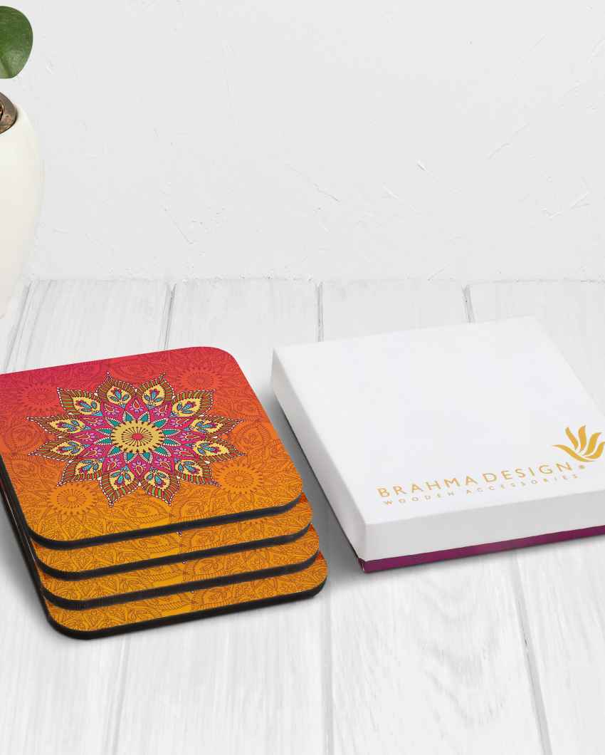 Handcrafted Wooden Orange Mandala Coasters With Gift Box | Set of 4 | 4 x 4 inches