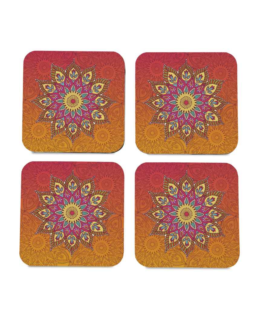 Handcrafted Wooden Orange Mandala Coasters With Gift Box | Set of 4 | 4 x 4 inches