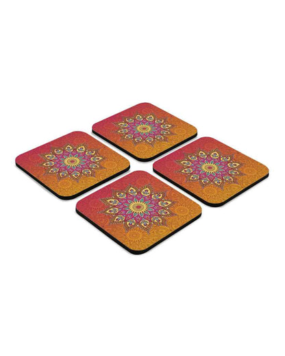 Handcrafted Wooden Orange Mandala Coasters With Gift Box | Set of 4 | 4 x 4 inches