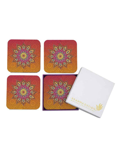 Handcrafted Wooden Orange Mandala Coasters With Gift Box | Set of 4 | 4 x 4 inches