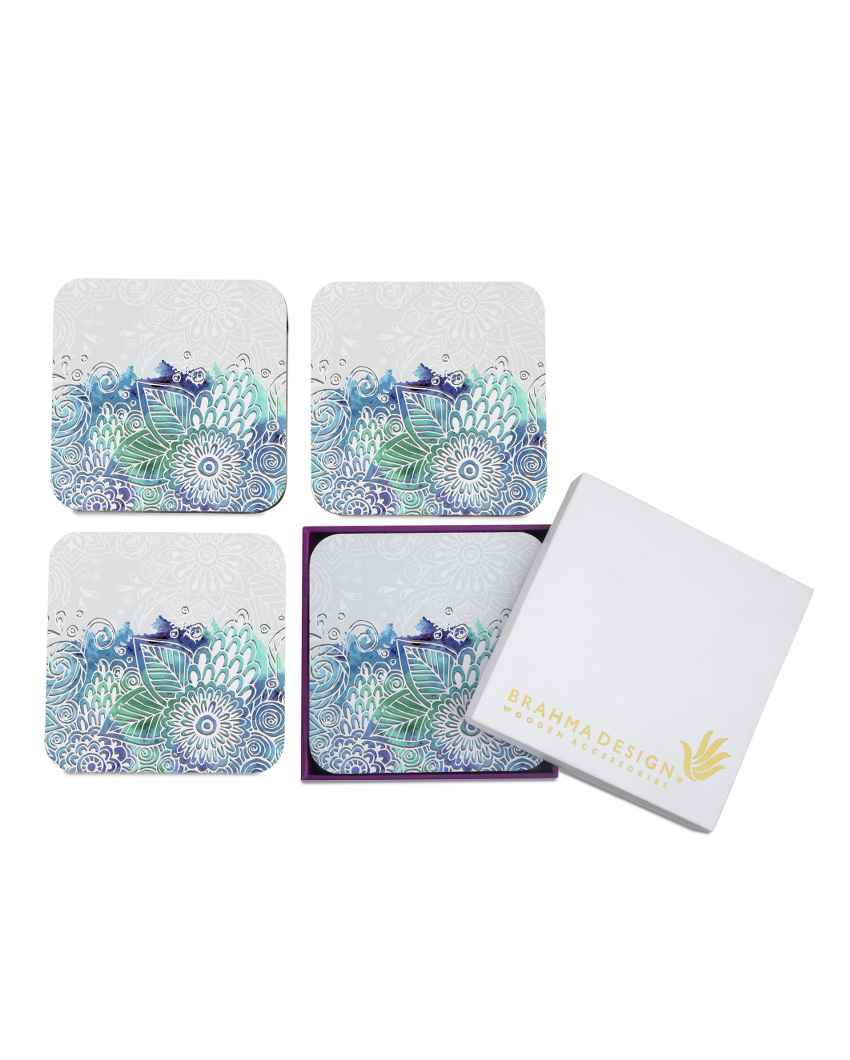 Elegant Wooden Abstract Flowers Coasters With Gift Box | Set of 4 | 4 x 4 inches